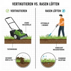 Unterschied zwischen Lüften und dem elektrischer Vertikutierer für Moos entfernen zur Tiefenreinigung.