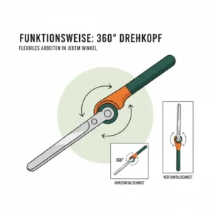 Illustration der 360-Grad-Drehfunktion: Diese manuelle Rasenschere für exakte Kanten ermöglicht flexibles Schneiden.