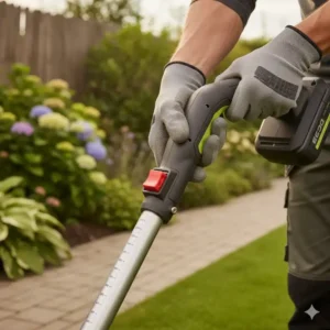 Nahaufnahme der Höhenverstellung beim rasenkanten schneider akku mit teleskopgriff für ergonomisches Arbeiten.