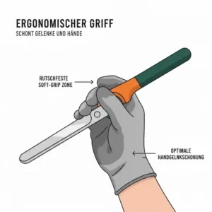 Detailansicht der ergonomischen Griffe einer manuelle Rasenschere für exakte Kanten zur Schonung der Gelenke.