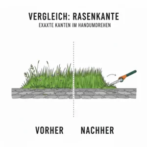 Vorher-Nachher-Vergleich der Rasenpflege mit einer manuelle Rasenschere für exakte Kanten an Steinwegen.