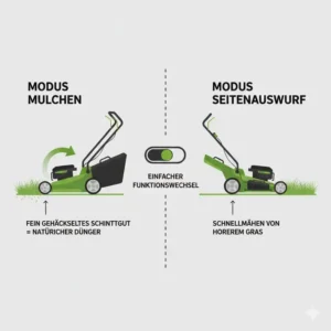 Infografik zum einfachen Funktionswechsel beim mulcher rasenmäher mit seitenauswurf funktion.