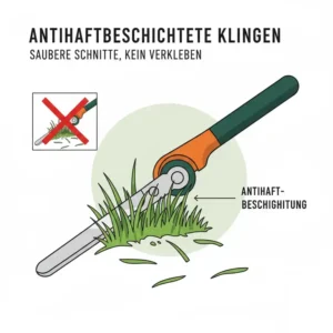 Antihaftbeschichtete Klingen einer manuelle Rasenschere für exakte Kanten für sauberes Arbeiten ohne Verkleben.