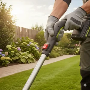 Der ergonomische Handgriff des rasenkanten schneider akku mit teleskopgriff sorgt für sicheren Halt.