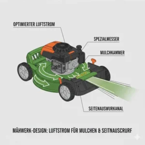 Illustration des optimierten Luftstroms im Gehäuse eines mulcher rasenmäher mit seitenauswurf funktion.