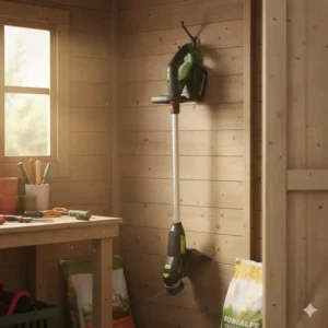 Platzsparende Aufbewahrung für den rasenkanten schneider akku mit teleskopgriff in der Gartenhütte.