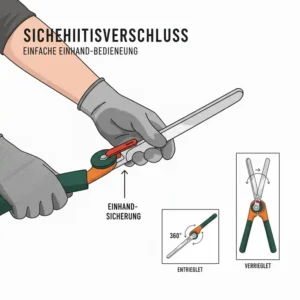 Darstellung des Sicherheitsverschlusses der manuelle Rasenschere für exakte Kanten für eine sichere Aufbewahrung.