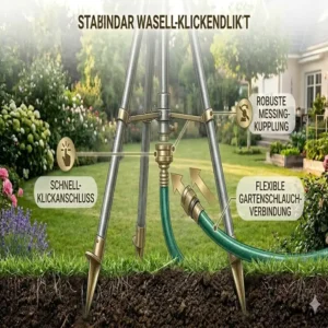 Einfacher Anschluss eines Gartenschlauchs mittels Klick-System am impuls-rasensprenger metall mit stativ.