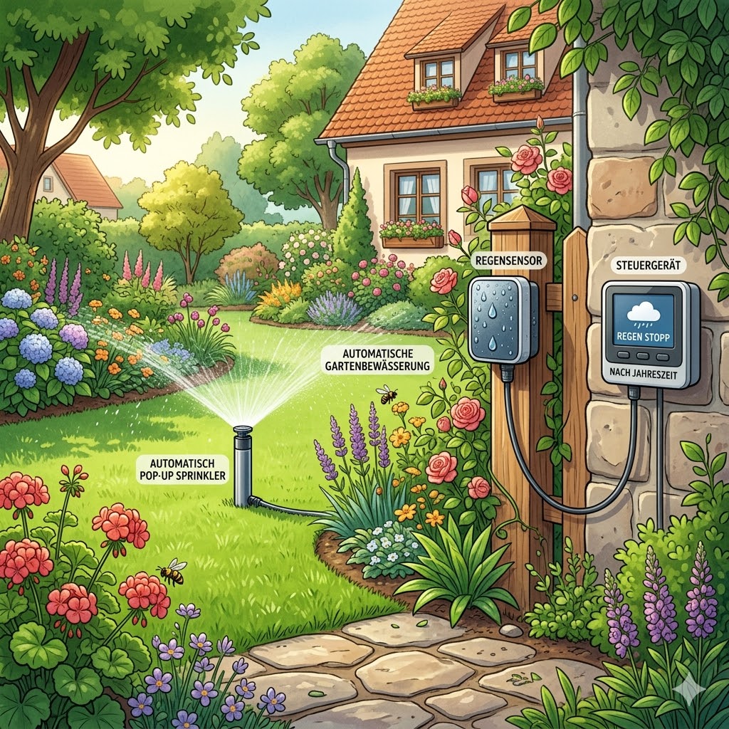 Ein schöner Garten mit einer effizienten automatische gartenbewässerung mit regensensor.