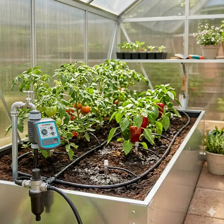 Ein professionell installiertes komplettset bewässerungssystem für gewächshaus mit Tomatenpflanzen.