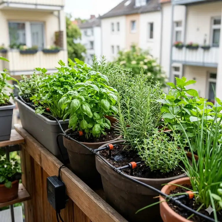 Ein schöner Garten mit einer installierten micro-tropfbewässerung für kräuter im balkon.