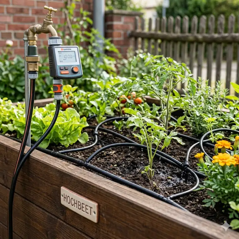 Komplettes Set für die tropfbewässerung hochbeet mit zeitschaltuhr im garten.
