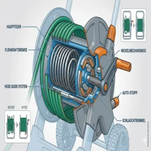Technische Illustration der Federung im Schlauchwagen mit automatischer Aufrollfunktion.