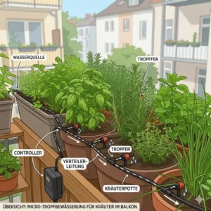 Detaillierte Übersicht über die micro-tropfbewässerung für kräuter im balkon in einem Kräuterkasten