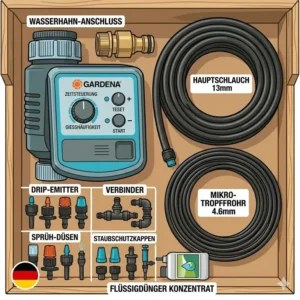 Übersicht der Komponenten im komplettset bewässerungssystem für gewächshaus inklusive Schläuchen und Verbindern