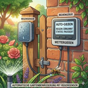 Die mobile App-Steuerung für eine moderne automatische gartenbewässerung mit regensensor.