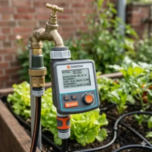 Nahaufnahme der digitalen einheit für tropfbewässerung hochbeet mit zeitschaltuhr.