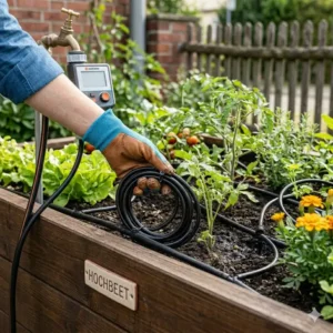 Verlegung der schläuche für die tropfbewässerung hochbeet mit zeitschaltuhr.