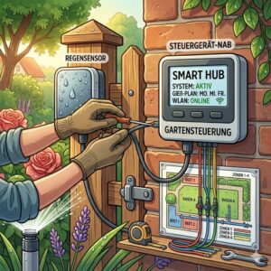 Nahaufnahme der Hardware eines Moduls für die automatische gartenbewässerung mit regensensor.