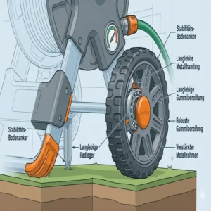 Detailansicht der Räder und Bodenanker für den Schlauchwagen mit automatischer Aufrollfunktion.