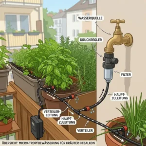Der Wasseranschluss und die Filterung der micro-tropfbewässerung für kräuter im balkon.