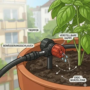 Ein verstellbarer Tropfer als Teil der micro-tropfbewässerung für kräuter im balkon.