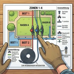 Ein technischer Schaltplan zur Planung einer automatische gartenbewässerung mit regensensor.