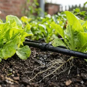 Zielgerichtete bewässerung der pflanzen durch tropfbewässerung hochbeet mit zeitschaltuhr.