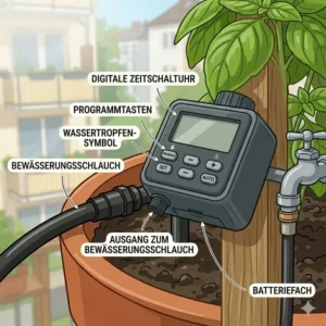 Automatisierung durch einen Bewässerungscomputer der micro-tropfbewässerung für kräuter im balkon.