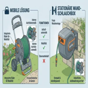 Vergleich zwischen mobiler Lösung und Wandbox für den Schlauchwagen mit automatischer Aufrollfunktion.