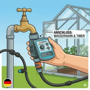 Der Anschluss am Wasserhahn für das komplettset bewässerungssystem für gewächshaus.