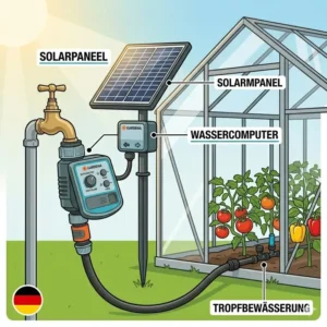 Ein nachhaltiges, solarbetriebenes komplettset bewässerungssystem für gewächshaus.