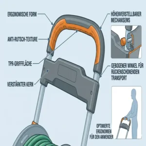 Der ergonomische Handgriff am Schlauchwagen mit automatischer Aufrollfunktion für leichten Transport.