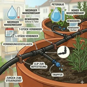 Unterschiedlicher Wasserbedarf verschiedener Pflanzen bei der micro-tropfbewässerung für kräuter im balkon.