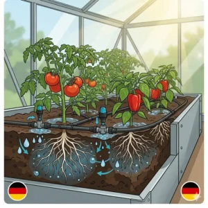 Darstellung der Wasserverteilung im Boden durch das komplettset bewässerungssystem für gewächshaus.