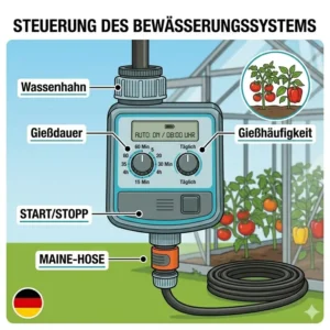 Die Programmierung der Zeitschaltuhr für das komplettset bewässerungssystem für gewächshaus.
