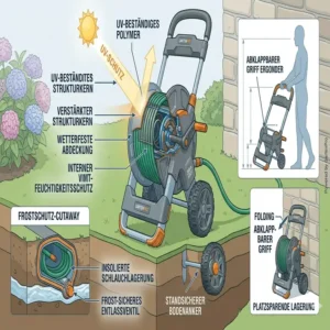 Wetterfeste Materialien und platzsparende Lagerung vom Schlauchwagen mit automatischer Aufrollfunktion.