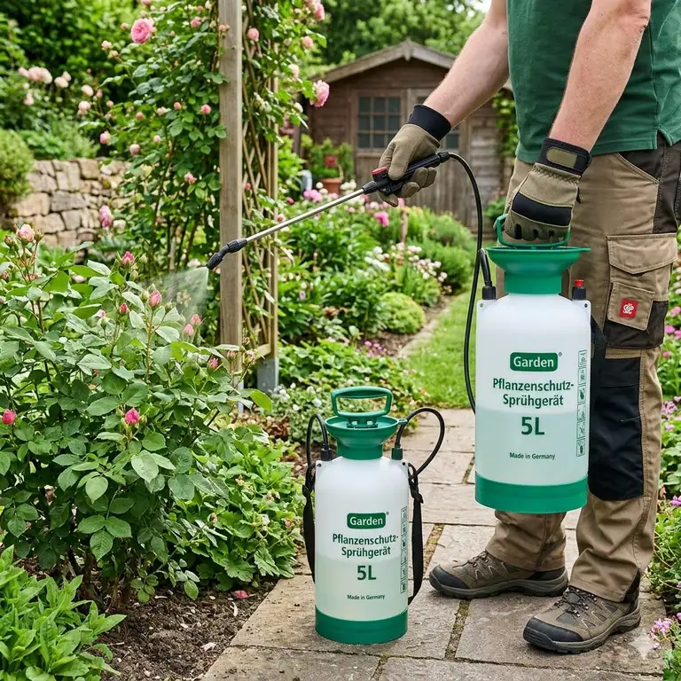 High-quality professional shot of a drucksprühgerät 5 liter für pflanzenschutz in a German garden.