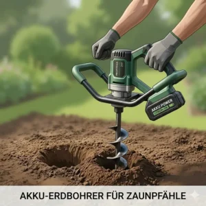 Nahaufnahme von einem Akku Erdbohrer für Zaunpfähle freigestellt.