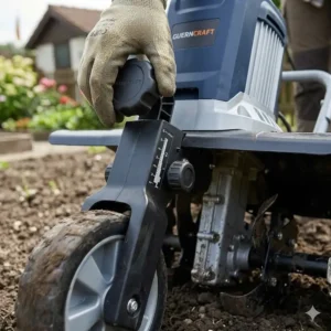 Nahaufnahme der Hebelbedienung einer elektrische Gartenfräse mit Tiefeneinstellung.