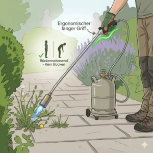 Die ergonomische Bauweise des unkrautbrenner gasflasche mit langem griff für komfortables Arbeiten.