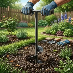 Anwendung eines Erdbohrers manuell mit 100mm Durchmesser beim Bohren eines Pflanzlochs im Gartenboden.