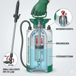 Detailed diagram showing the internal pressure mechanism of the drucksprühgerät 5 liter für pflanzenschutz.