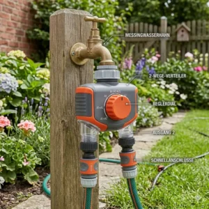 Nahaufnahme der Anschlüsse von einem wasser timer garten mit zwei ausgängen für die Bewässerung.