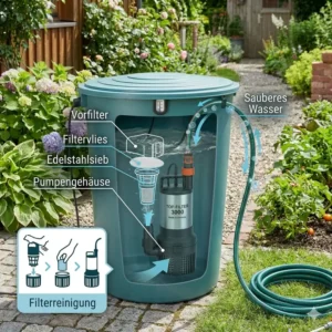 Detaillierte Darstellung der Komponenten einer tauchpumpe für regenfass mit filtersystem.