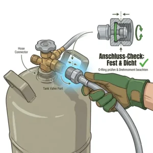 Sicherer Anschluss der Propan-Flasche an den unkrautbrenner gasflasche mit langem griff im Detail.