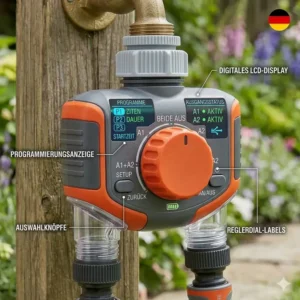 Das LCD-Display und die Bedienelemente der wasser timer garten mit zwei ausgängen Steuerung.