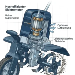 Der effiziente Elektromotor einer elektrische Gartenfräse mit Tiefeneinstellung im Detail.
