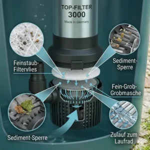 Nahaufnahme der Filterstufen einer tauchpumpe für regenfass mit filtersystem zur Wasserreinigung.