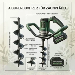 Technische Zeichnung mit Maßen für einen Akku Erdbohrer für Zaunpfähle.